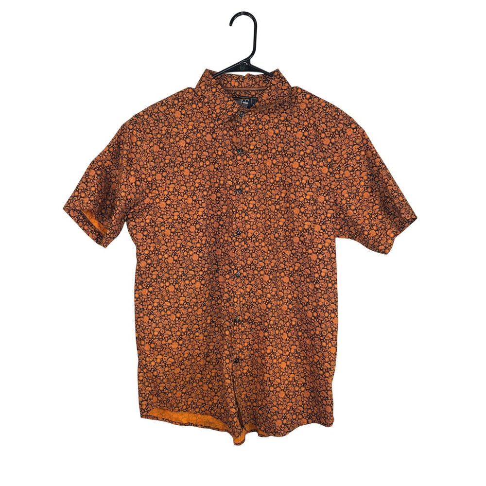 Monument‎ Cotton Skull Print Short Sleeve Button Down Orange Men's Size Large